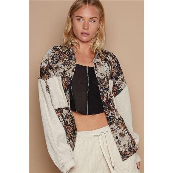 POL Tops - POL Contrast Sleeves Button Down Floral‎ Jacquard Shirt
